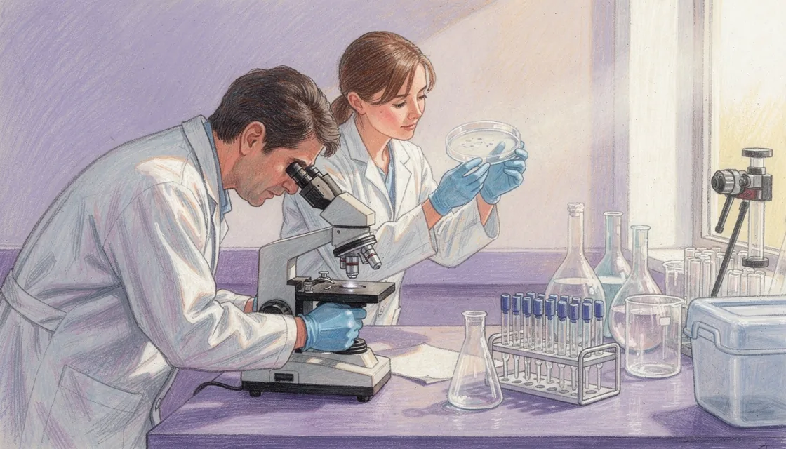Two illustrated laboratory workers examine a culture dish beside a microscope