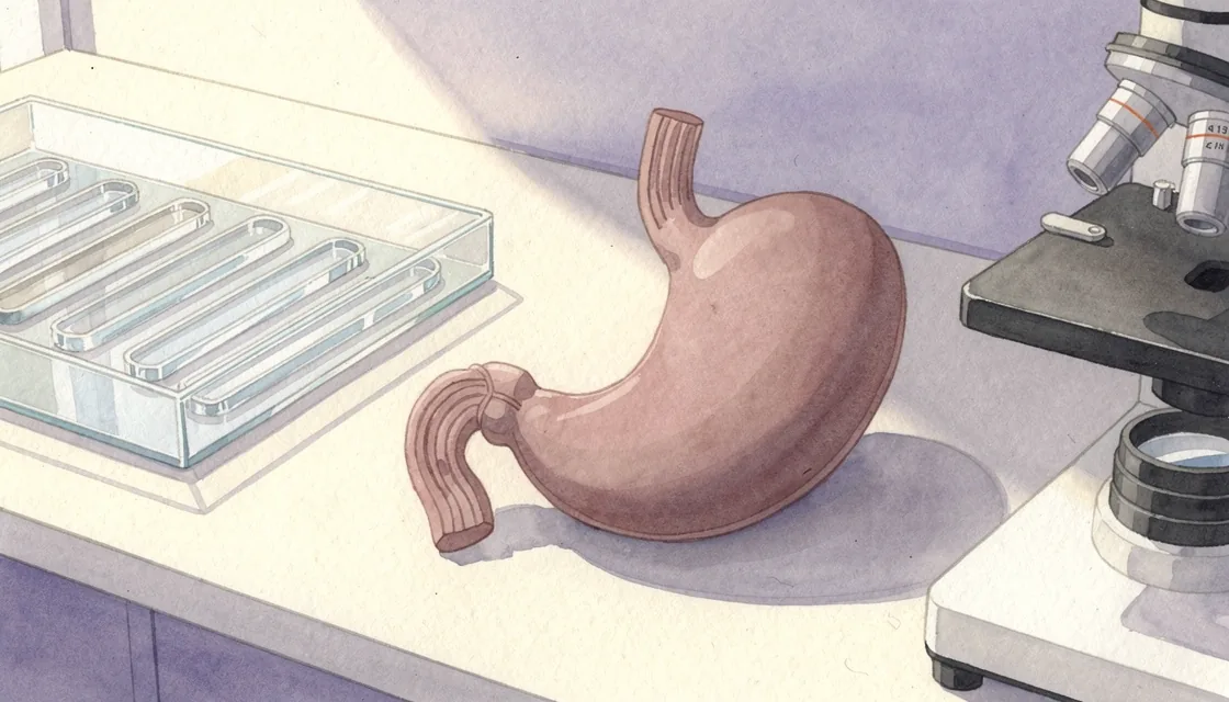 Illustrated stomach teaching model beside a microscope and glass slide tray