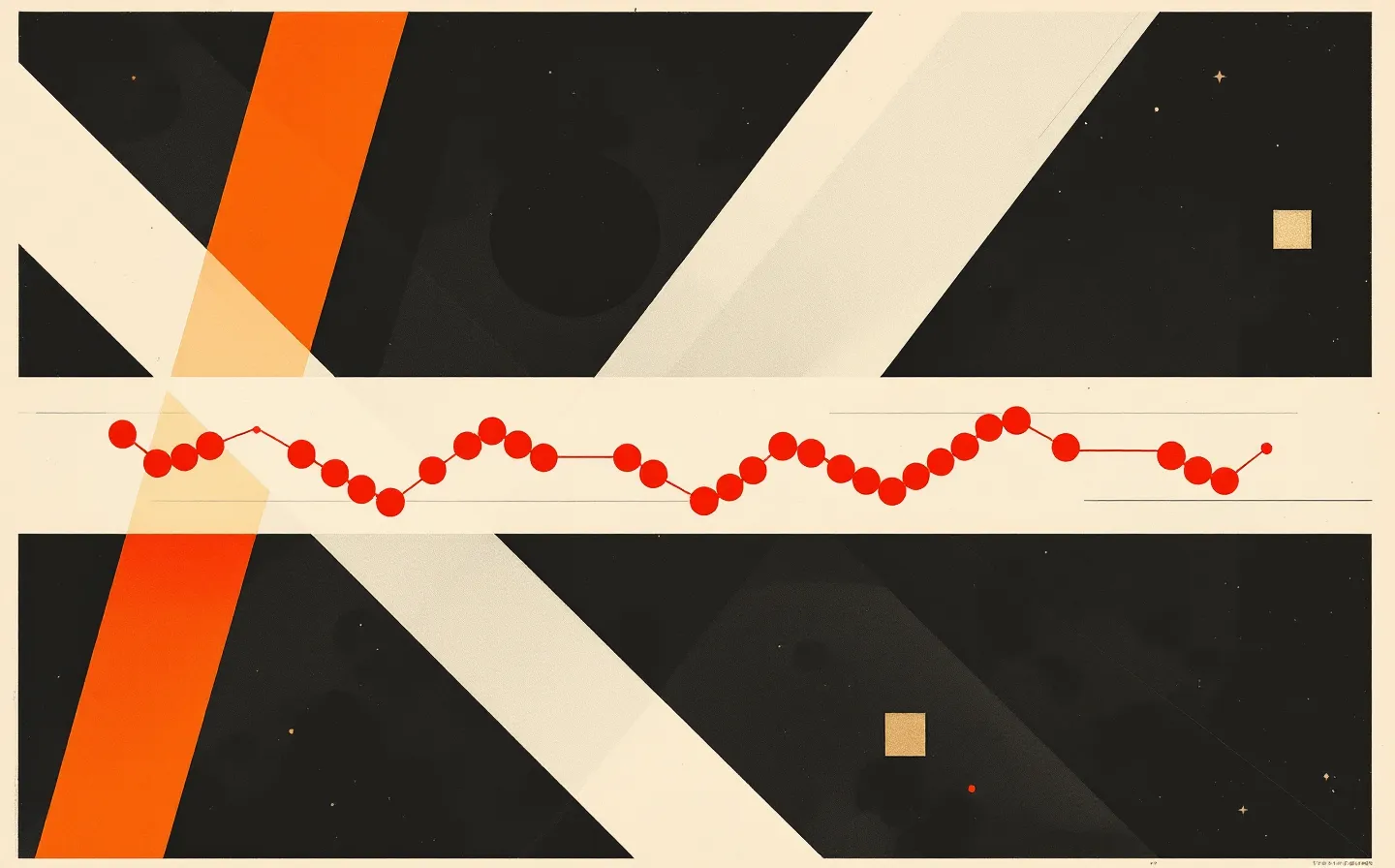 Bold constructivist agitprop plate of a vermillion fifteen-bead peptide-chain zig-zag crossing a tilted bone diagonal with a gold square accent, on a deep Prussian-ink ground