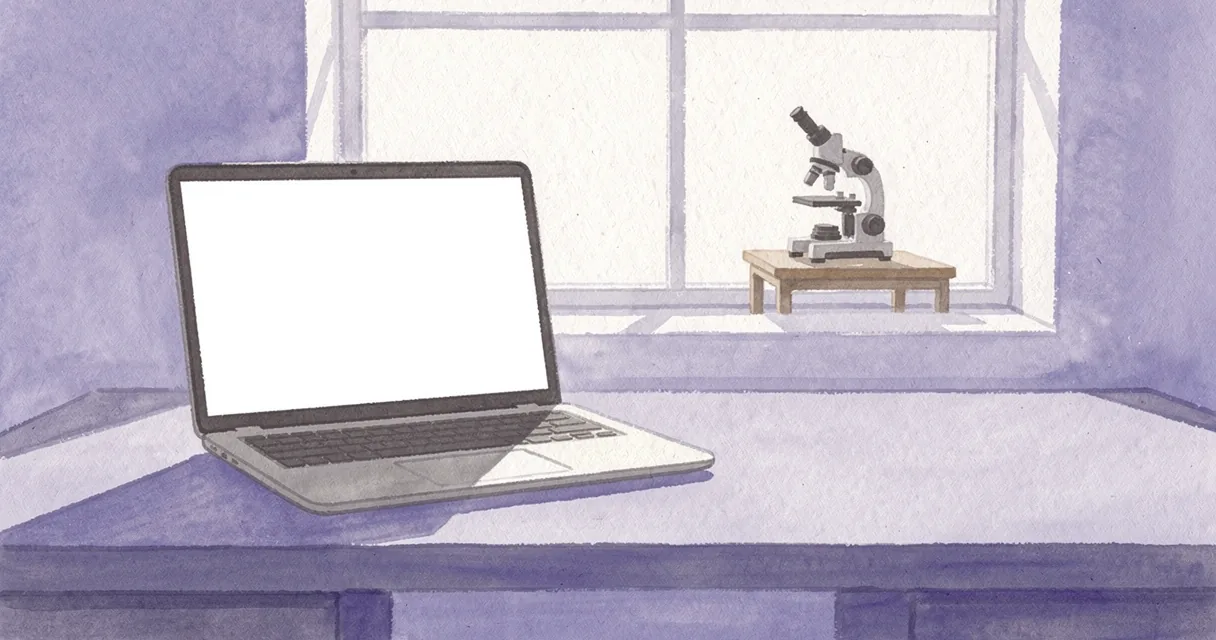 Gouache illustration of a laptop on a lavender desk with a microscope visible beyond an open window
